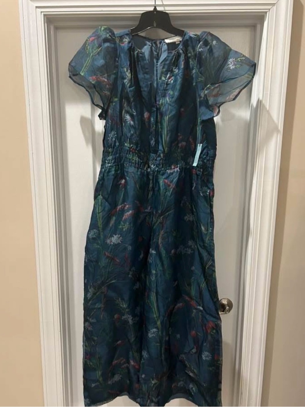 Anthropologie Teal Floral Short-Sleeve Smocked Jumpsuit - Picture 2 of 7
